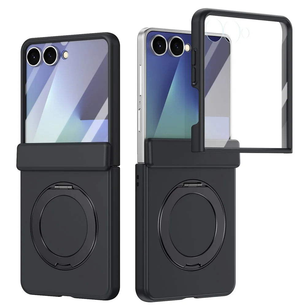 For Samsung Galaxy Z Flip7 5G Foldrable Case 360° Rotating Alloy Kickstand Hinge Protection Shockproof Cover with Glass Film - Black - 1