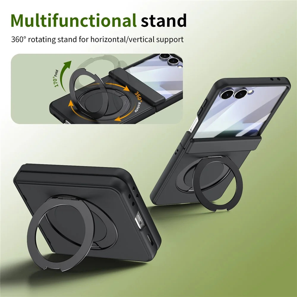 For Samsung Galaxy Z Flip7 5G Foldrable Case 360° Rotating Alloy Kickstand Hinge Protection Shockproof Cover with Glass Film - Black - 3