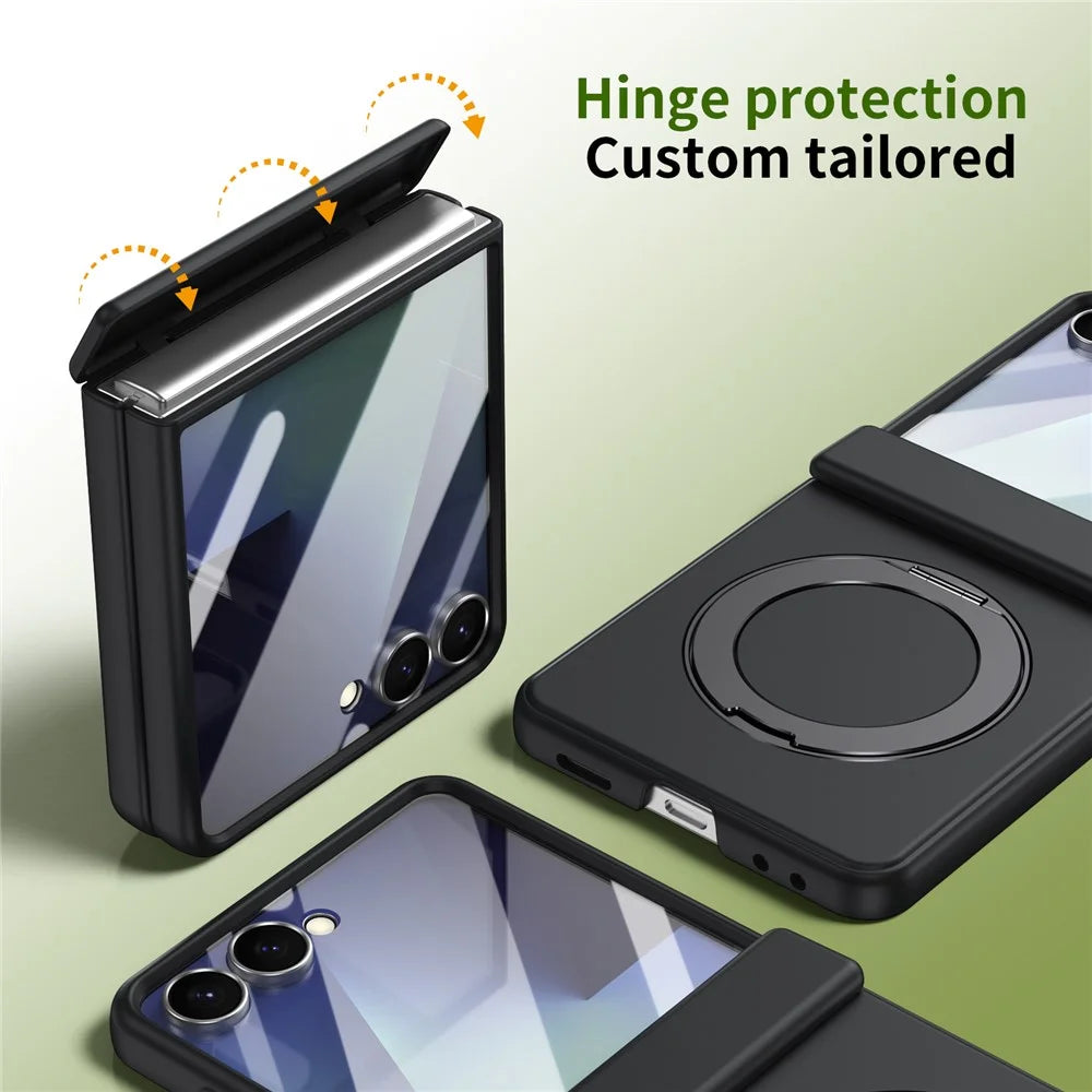 For Samsung Galaxy Z Flip7 5G Foldrable Case 360° Rotating Alloy Kickstand Hinge Protection Shockproof Cover with Glass Film - Black - 4