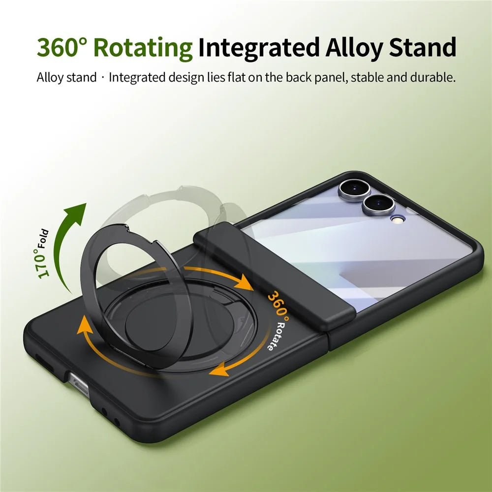For Samsung Galaxy Z Flip7 5G Foldrable Case 360° Rotating Alloy Kickstand Hinge Protection Shockproof Cover with Glass Film - Black - 6
