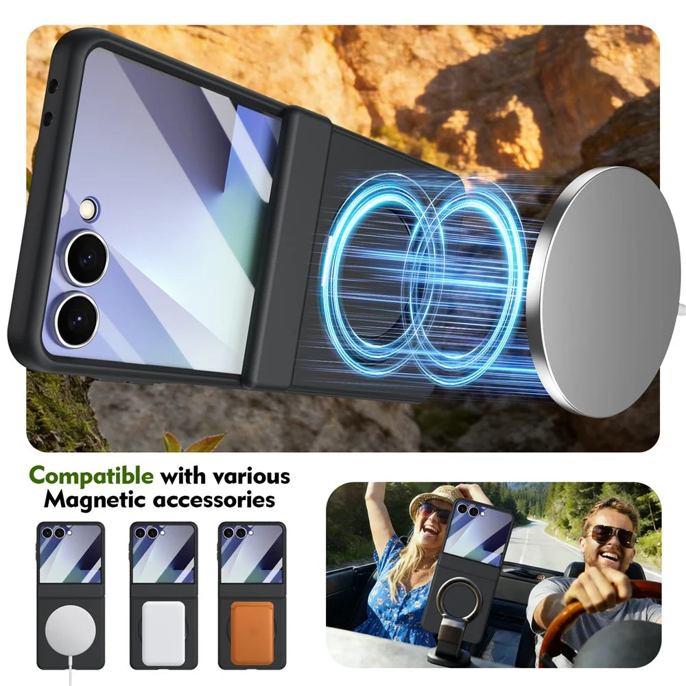 For Samsung Galaxy Z Flip7 5G Foldrable Case 360° Rotating Alloy Kickstand Hinge Protection Shockproof Cover with Glass Film - Black - 7