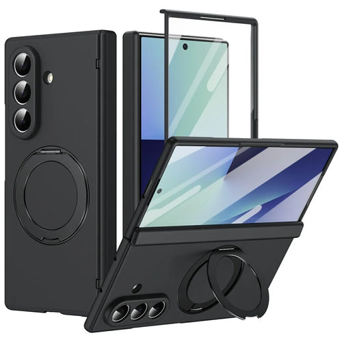 For Samsung Galaxy Z Fold7 5G Foldrable Case 360° Rotating Alloy Kickstand Hinge Protection Shockproof Cover with Glass Film - Black - 1