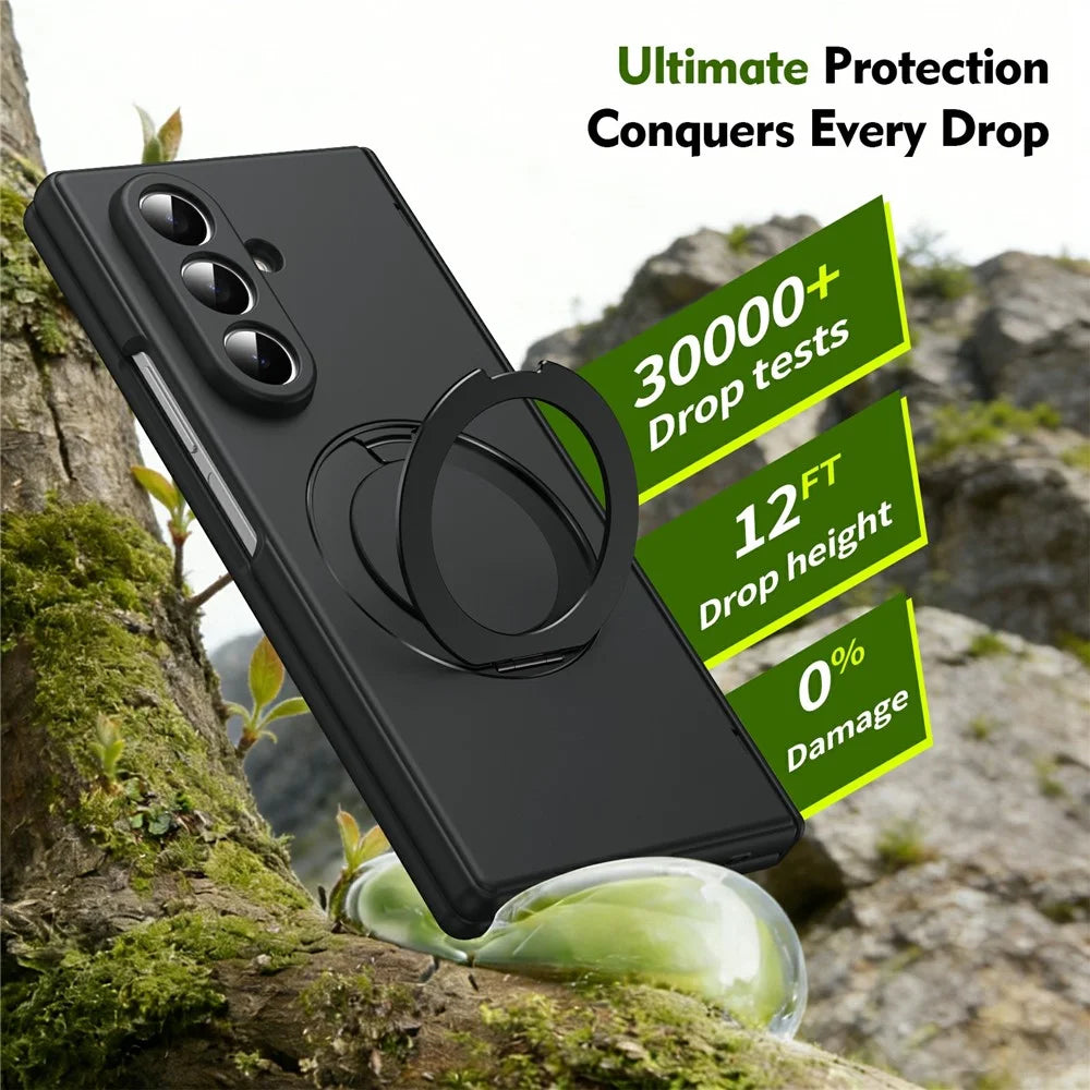For Samsung Galaxy Z Fold7 5G Foldrable Case 360° Rotating Alloy Kickstand Hinge Protection Shockproof Cover with Glass Film - Black - 6