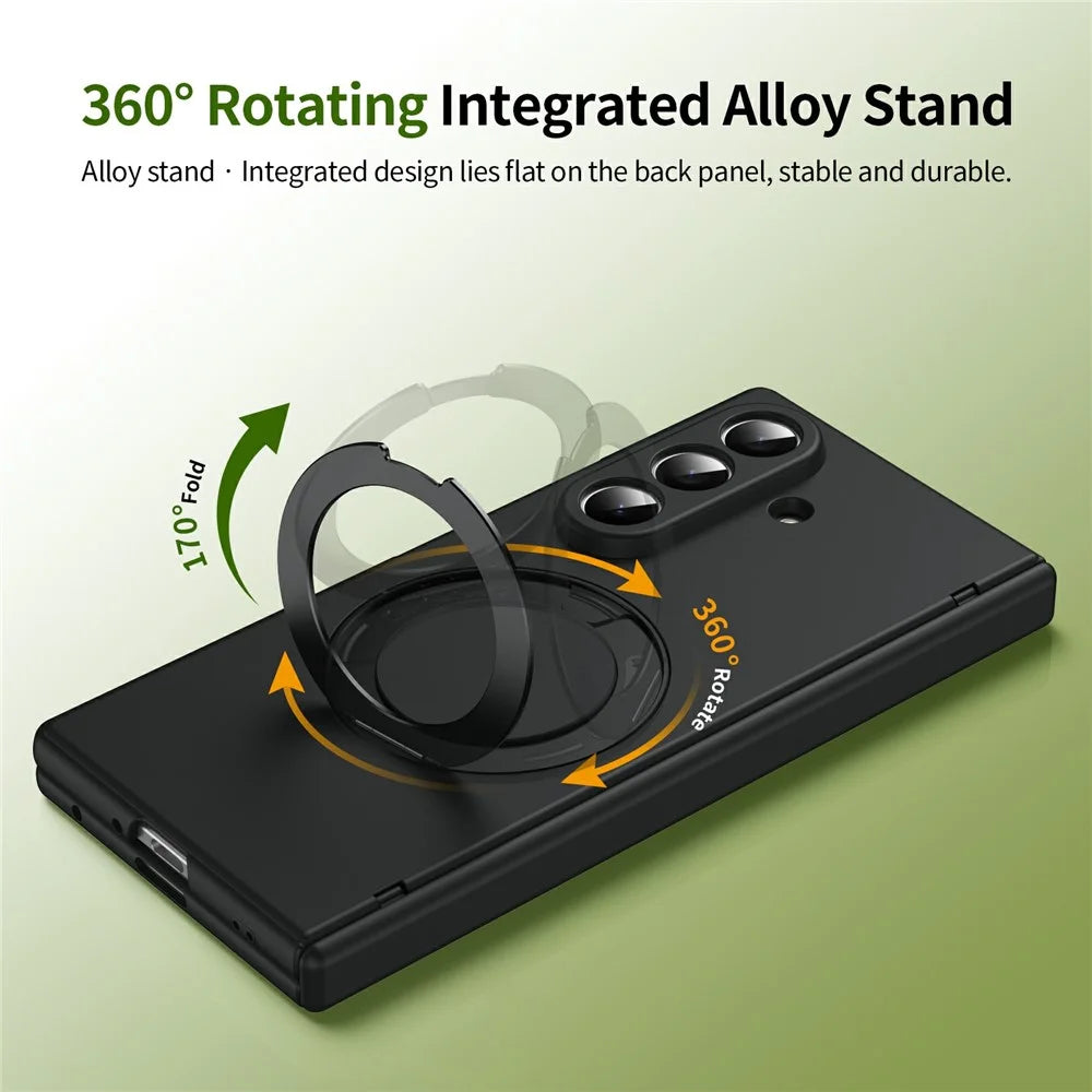 For Samsung Galaxy Z Fold7 5G Foldrable Case 360° Rotating Alloy Kickstand Hinge Protection Shockproof Cover with Glass Film - Black - 7