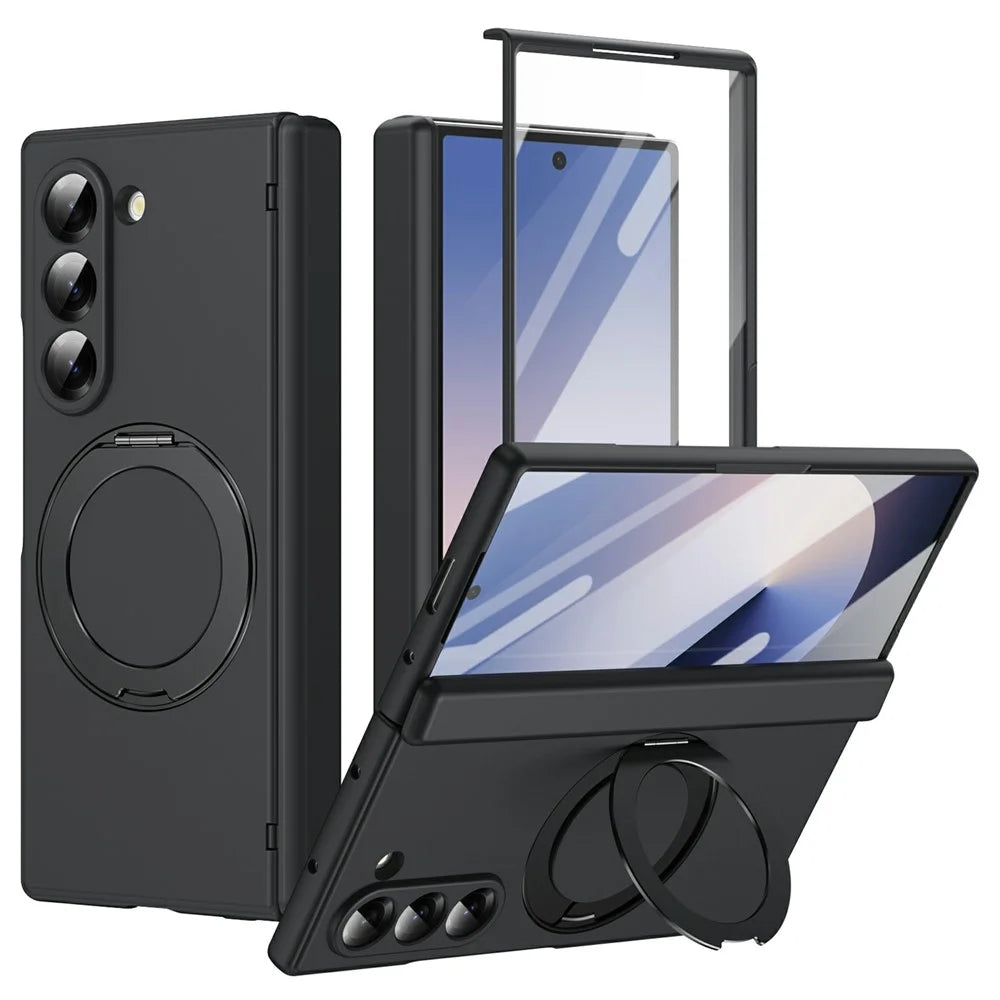 For Samsung Galaxy Z Fold6 5G Foldrable Case 360° Rotating Alloy Kickstand Hinge Protection Shockproof Cover with Glass Film - Black - 1