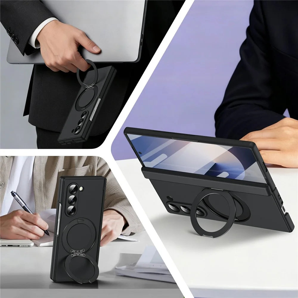 For Samsung Galaxy Z Fold6 5G Foldrable Case 360° Rotating Alloy Kickstand Hinge Protection Shockproof Cover with Glass Film - Black - 2