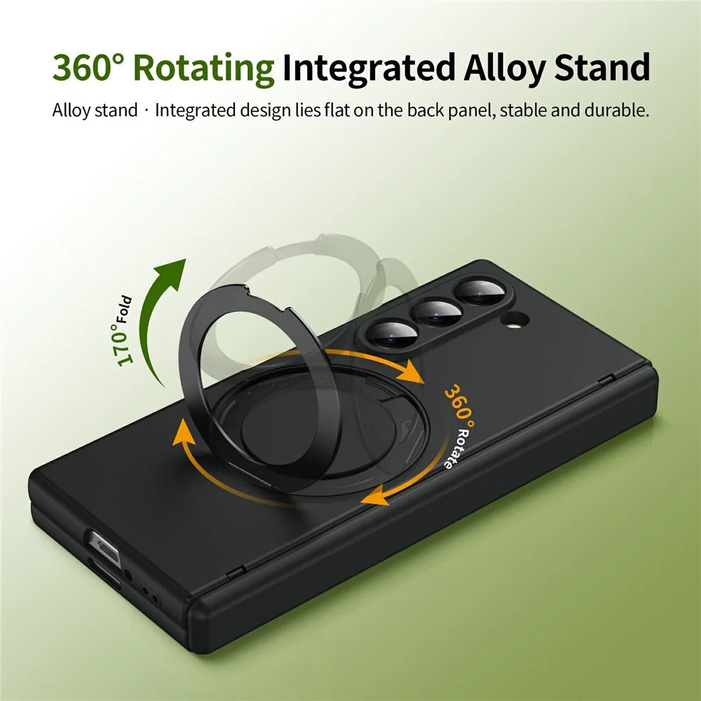 For Samsung Galaxy Z Fold6 5G Foldrable Case 360° Rotating Alloy Kickstand Hinge Protection Shockproof Cover with Glass Film - Black - 6