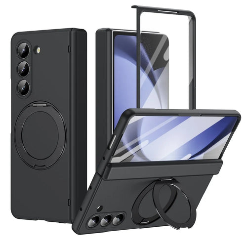For Samsung Galaxy Z Fold5 5G Foldrable Case 360° Rotating Alloy Kickstand Hinge Protection Shockproof Cover with Glass Film - Black - 1