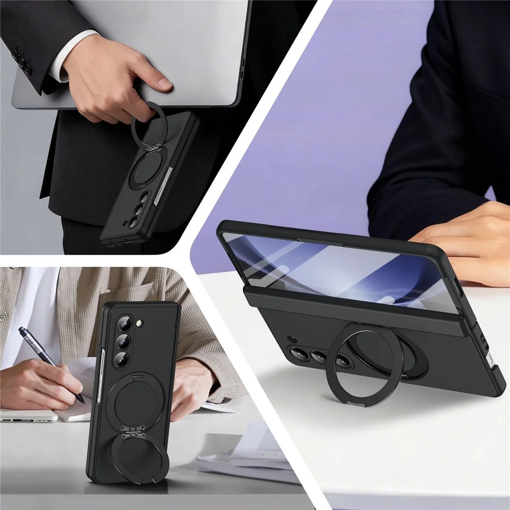For Samsung Galaxy Z Fold5 5G Foldrable Case 360° Rotating Alloy Kickstand Hinge Protection Shockproof Cover with Glass Film - Black - 2