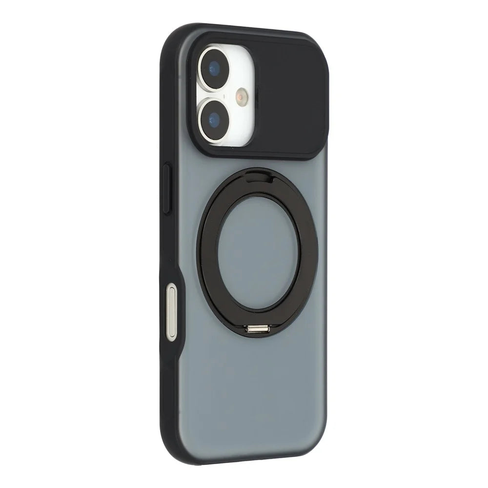 For iPhone 16 Magnetic Case Rotating Ring Kickstand PC + TPU Skin-touch Phone Cover - Transparent Black - 1