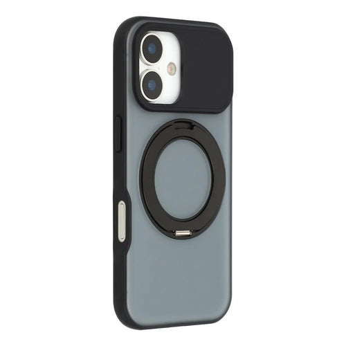 For iPhone 16 Magnetic Case Rotating Ring Kickstand PC + TPU Skin-touch Phone Cover - Transparent Black - 1