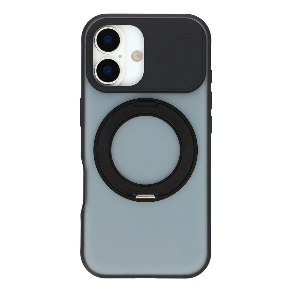 For iPhone 16 Magnetic Case Rotating Ring Kickstand PC + TPU Skin-touch Phone Cover - Transparent Black - 2