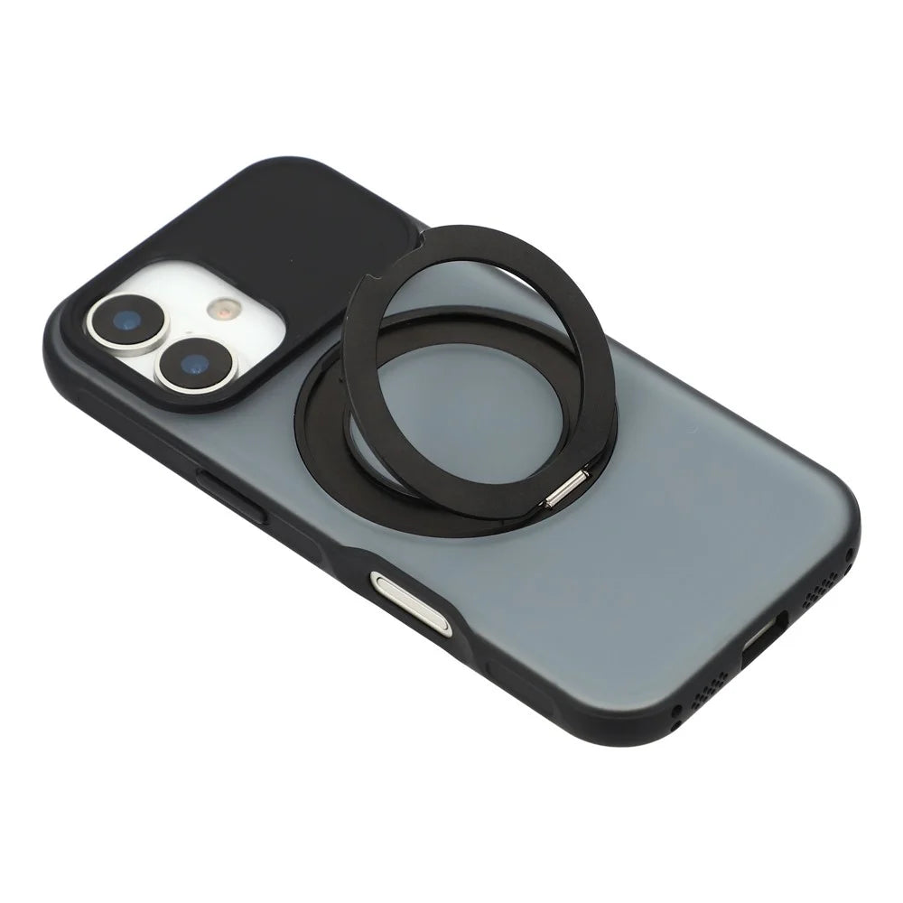 For iPhone 16 Magnetic Case Rotating Ring Kickstand PC + TPU Skin-touch Phone Cover - Transparent Black - 5