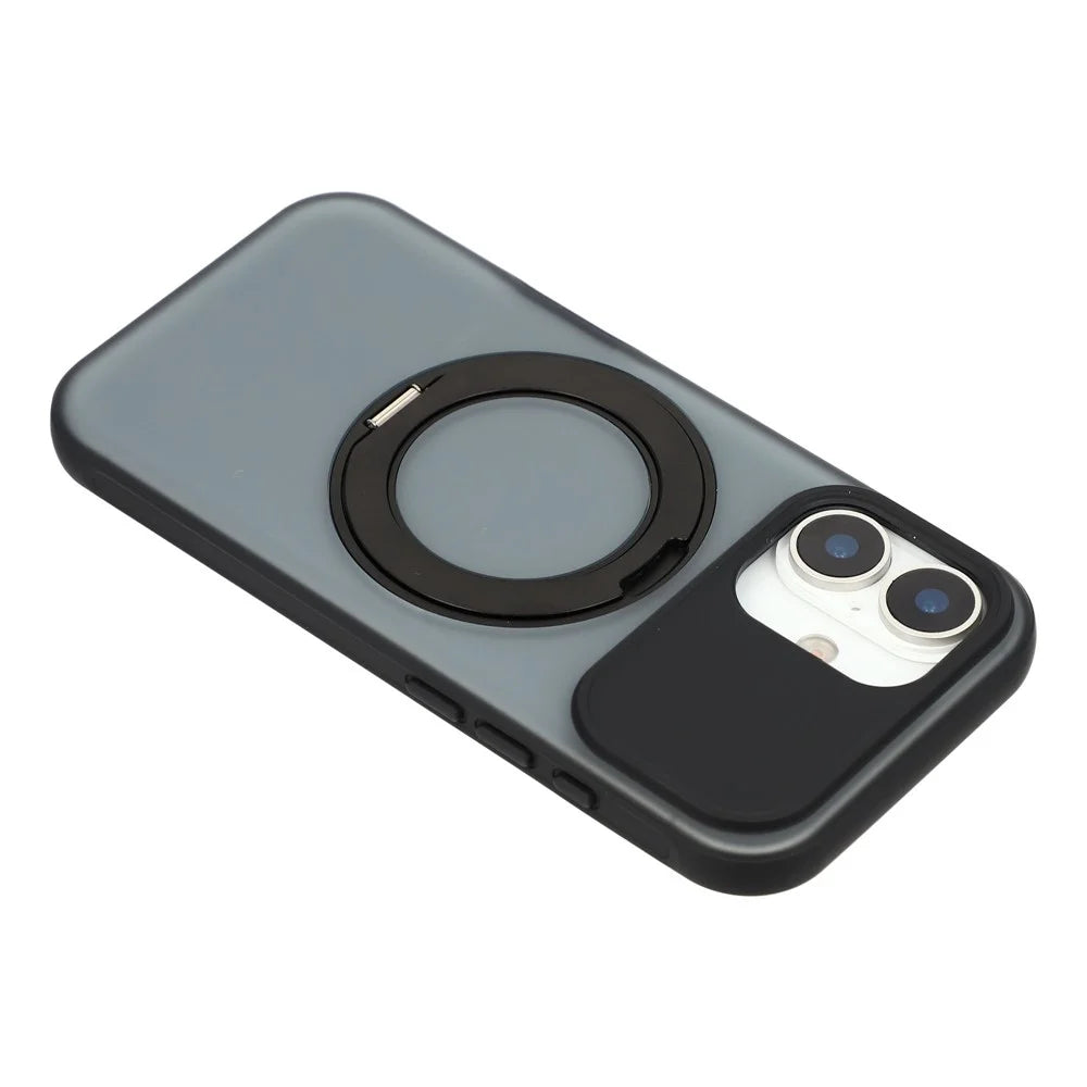 For iPhone 16 Magnetic Case Rotating Ring Kickstand PC + TPU Skin-touch Phone Cover - Transparent Black - 6