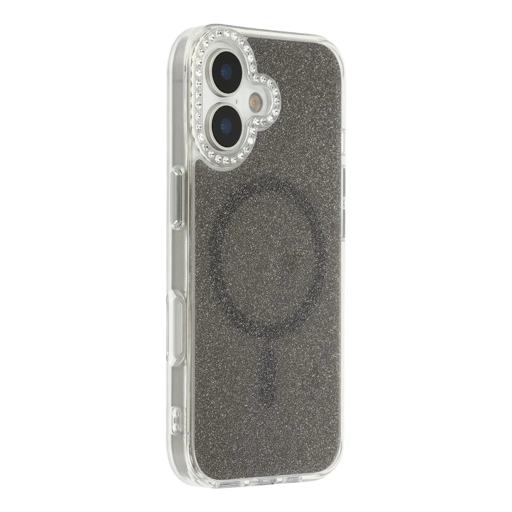 For iPhone 16 Starlight Glitter Magnetic Case TPU + PC Shockproof Cover Compatible with Magsafe - Transparent Black - 1
