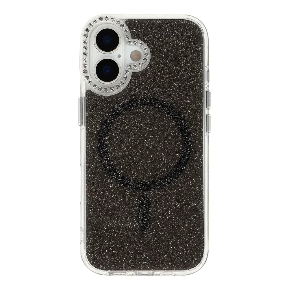 For iPhone 16 Starlight Glitter Magnetic Case TPU + PC Shockproof Cover Compatible with Magsafe - Transparent Black - 2