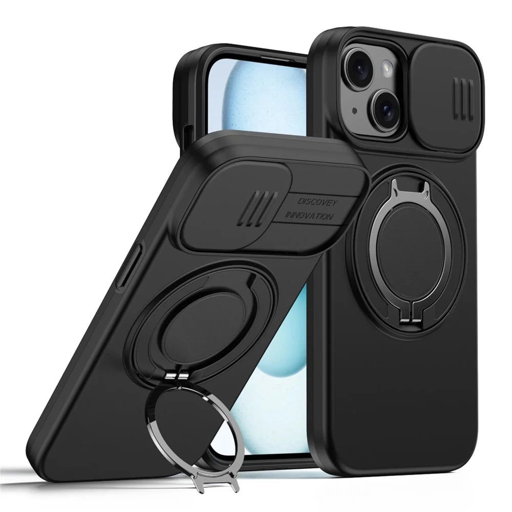 For iPhone 13  /  14 Case Magnetic Case Ring Kickstand Slide Camera Cover TPU PC Hybrid Phone Shell - Black - 1