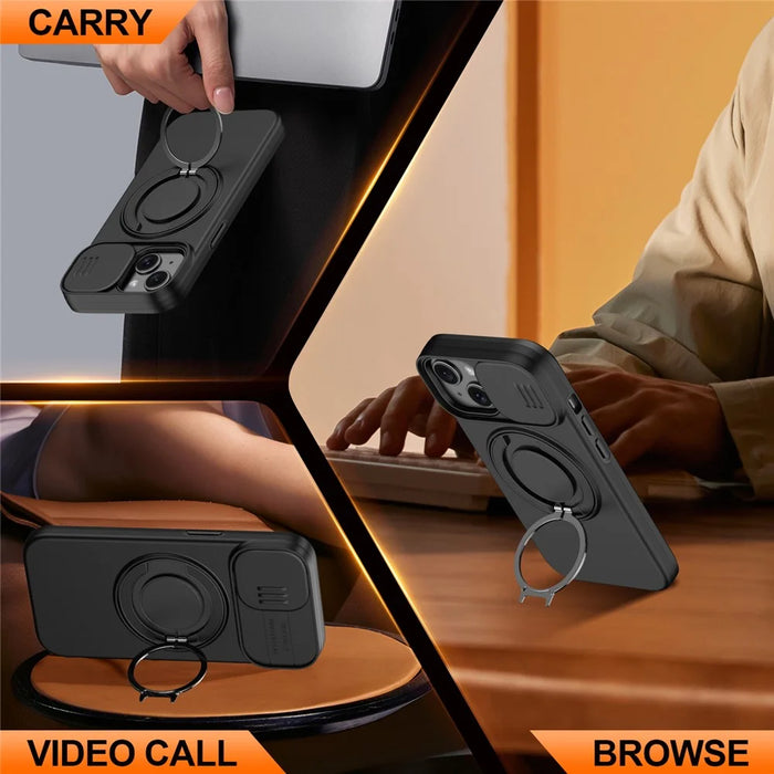 For iPhone 13  /  14 Case Magnetic Case Ring Kickstand Slide Camera Cover TPU PC Hybrid Phone Shell - Black - 4
