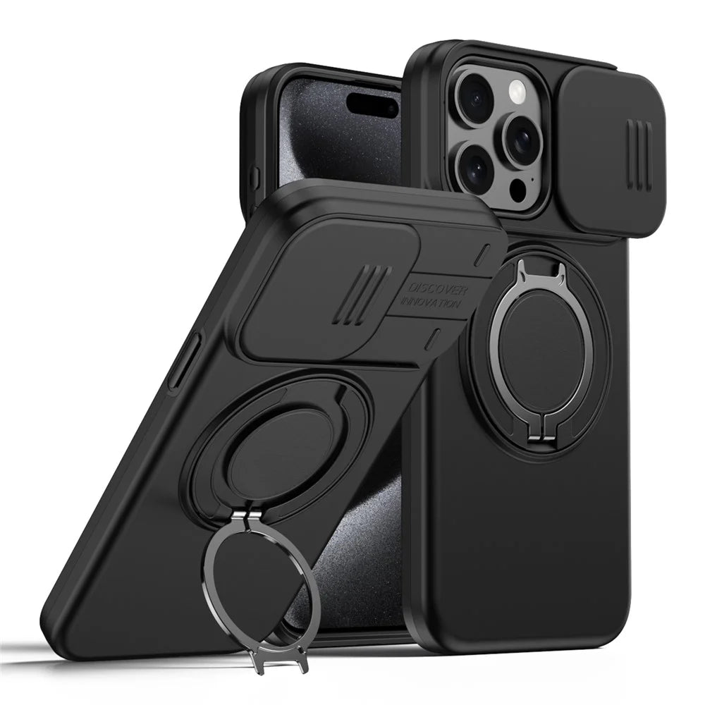 For iPhone 14 Pro Case Magnetic Case Ring Kickstand Slide Camera Cover TPU PC Hybrid Phone Shell - Black - 1