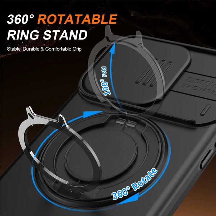 For iPhone 14 Pro Case Magnetic Case Ring Kickstand Slide Camera Cover TPU PC Hybrid Phone Shell - Black - 3