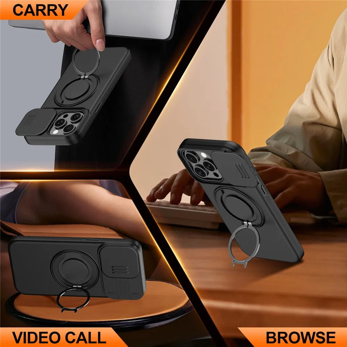 For iPhone 14 Pro Case Magnetic Case Ring Kickstand Slide Camera Cover TPU PC Hybrid Phone Shell - Black - 4