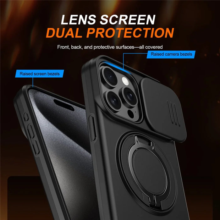 For iPhone 14 Pro Case Magnetic Case Ring Kickstand Slide Camera Cover TPU PC Hybrid Phone Shell - Black - 5