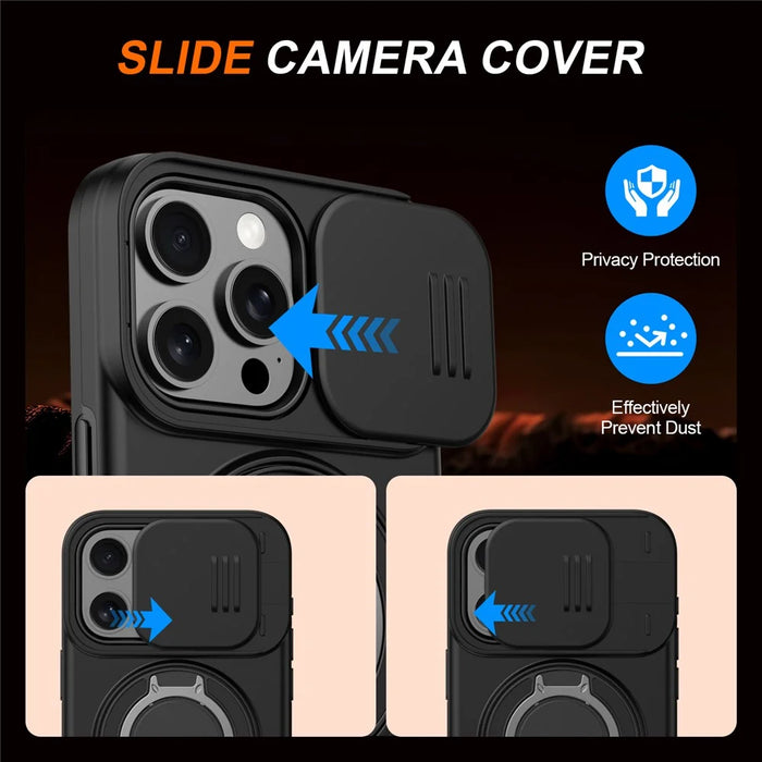 For iPhone 14 Pro Case Magnetic Case Ring Kickstand Slide Camera Cover TPU PC Hybrid Phone Shell - Black - 6
