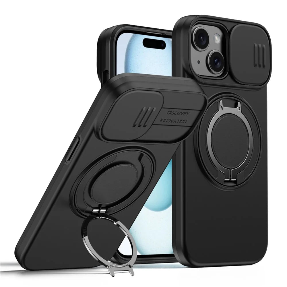 For iPhone 15 Case Magnetic Case Ring Kickstand Slide Camera Cover TPU PC Hybrid Phone Shell - Black - 1
