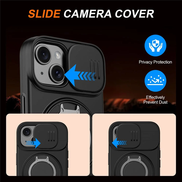 For iPhone 15 Case Magnetic Case Ring Kickstand Slide Camera Cover TPU PC Hybrid Phone Shell - Black - 6