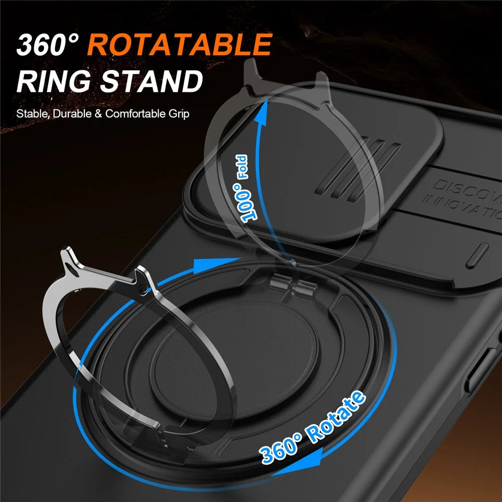 For iPhone 15 Pro Case Magnetic Case Ring Kickstand Slide Camera Cover TPU PC Hybrid Phone Shell - Black - 3