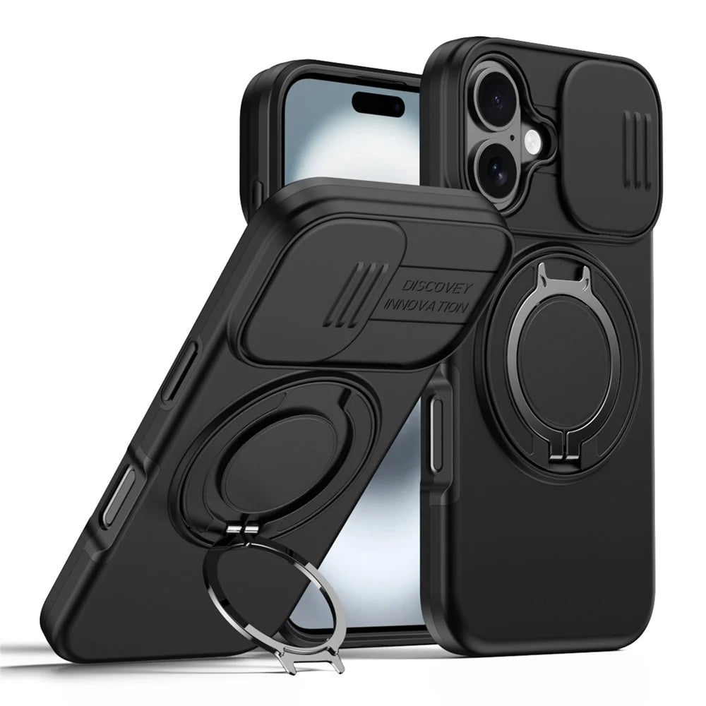 For iPhone 16 Case Magnetic Case Ring Kickstand Slide Camera Cover TPU PC Hybrid Phone Shell - Black - 1