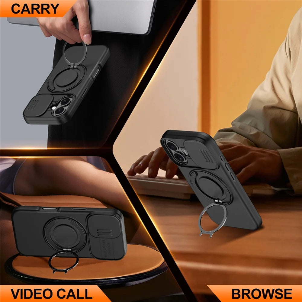 For iPhone 16 Case Magnetic Case Ring Kickstand Slide Camera Cover TPU PC Hybrid Phone Shell - Black - 4