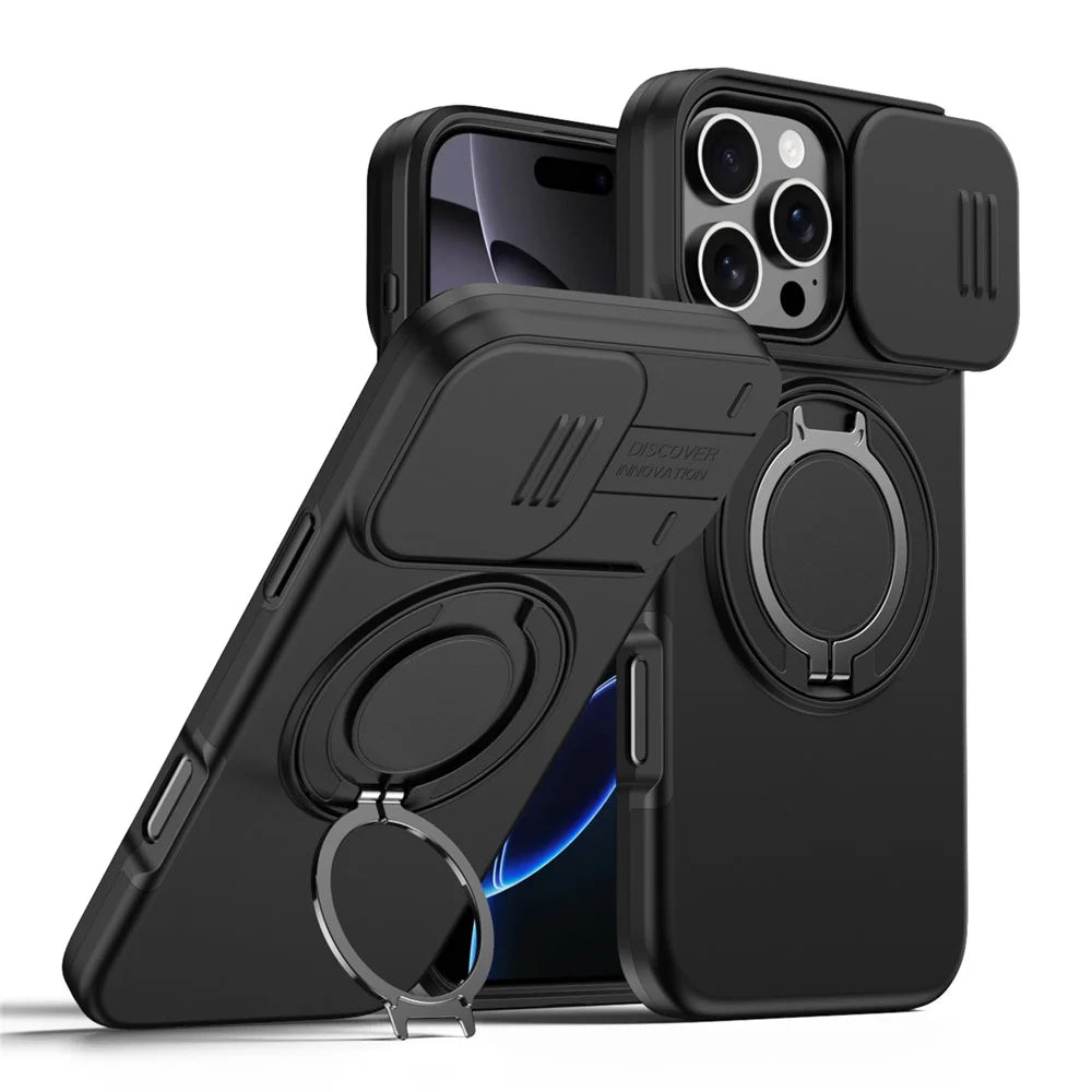 For iPhone 16 Pro Max Case Magnetic Case Ring Kickstand Slide Camera Cover TPU PC Hybrid Phone Shell - Black - 1