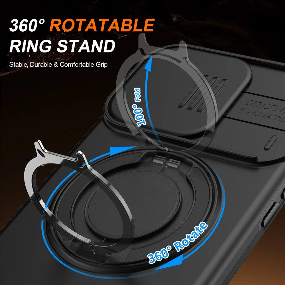 For iPhone 16 Pro Max Case Magnetic Case Ring Kickstand Slide Camera Cover TPU PC Hybrid Phone Shell - Black - 3