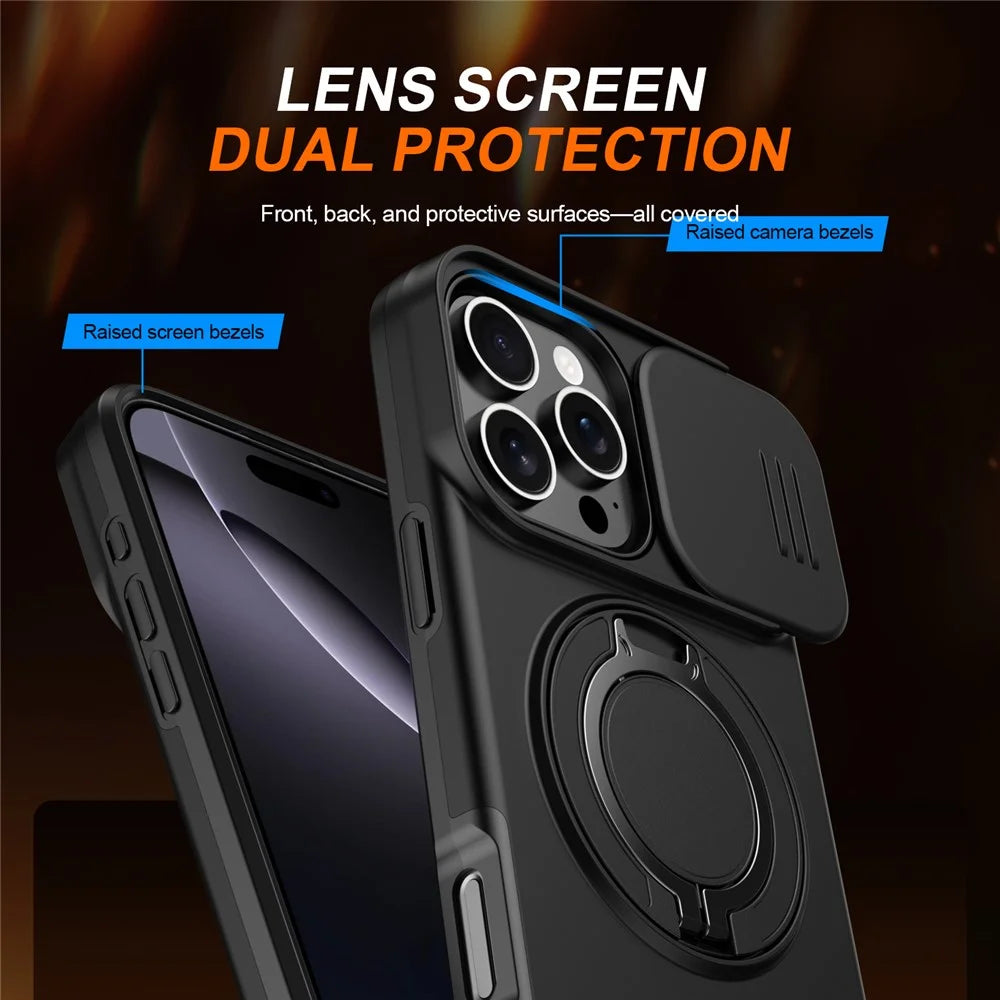 For iPhone 16 Pro Max Case Magnetic Case Ring Kickstand Slide Camera Cover TPU PC Hybrid Phone Shell - Black - 5