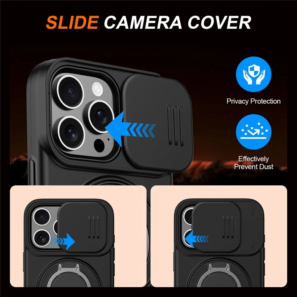 For iPhone 16 Pro Max Case Magnetic Case Ring Kickstand Slide Camera Cover TPU PC Hybrid Phone Shell - Black - 6