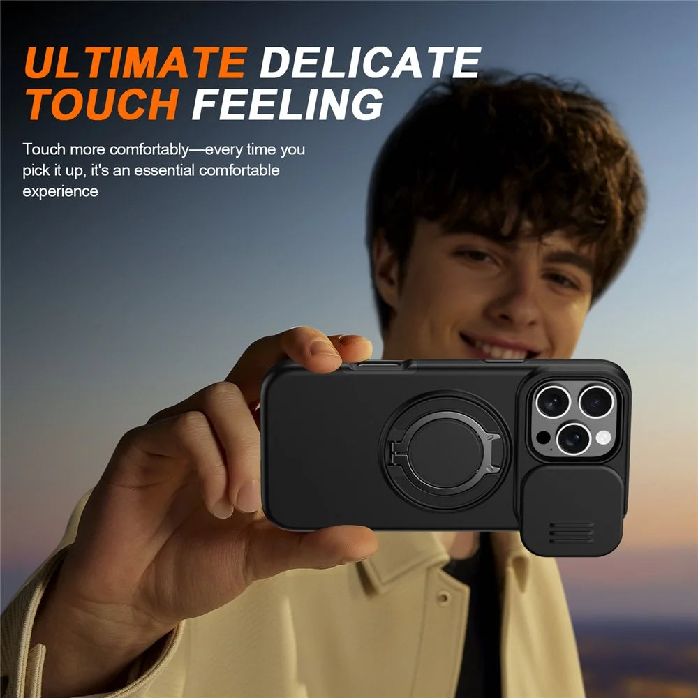 For iPhone 16 Pro Max Case Magnetic Case Ring Kickstand Slide Camera Cover TPU PC Hybrid Phone Shell - Black - 7