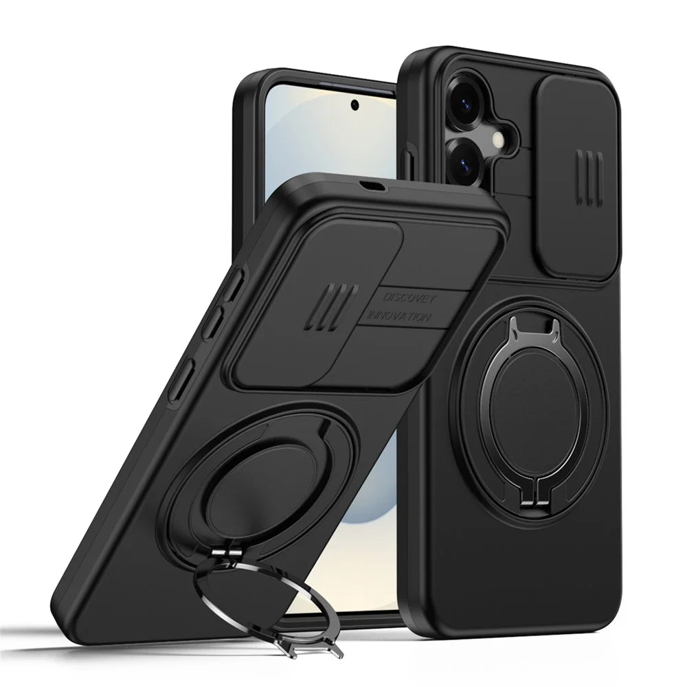 For Samsung Galaxy A35 5G Case Magnetic Case Ring Kickstand Slide Camera Cover TPU PC Hybrid Phone Shell - Black - 1