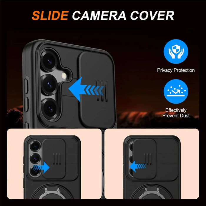 For Samsung Galaxy A35 5G Case Magnetic Case Ring Kickstand Slide Camera Cover TPU PC Hybrid Phone Shell - Black - 6