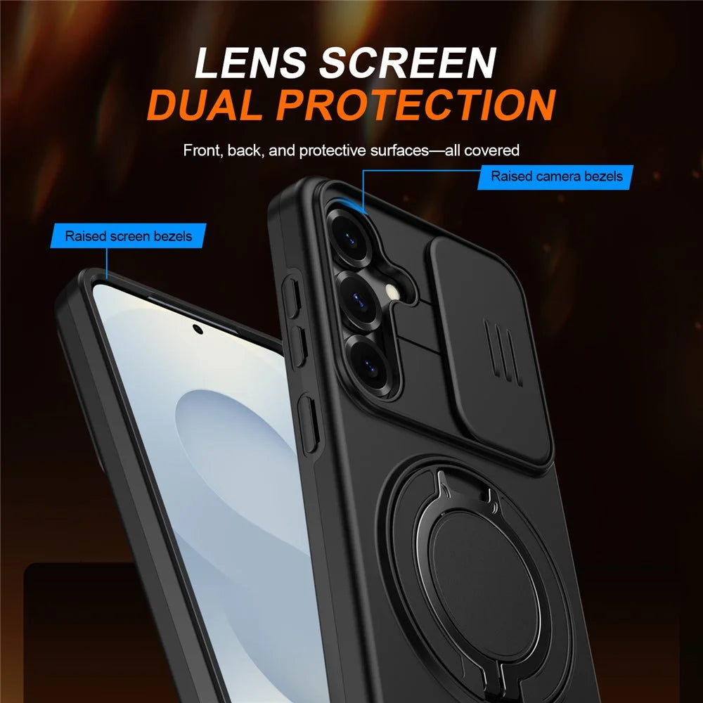 For Samsung Galaxy A55 5G Case Magnetic Case Ring Kickstand Slide Camera Cover TPU PC Hybrid Phone Shell - Black - 5