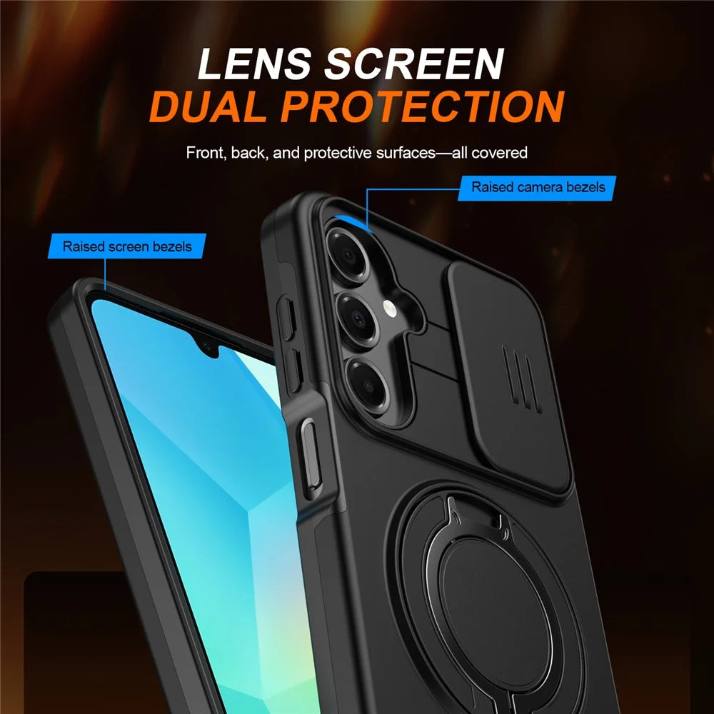 For Samsung Galaxy A16 5G  /  A16 4G Case Magnetic Case Ring Kickstand Slide Camera Cover TPU PC Hybrid Phone Shell - Black - 5