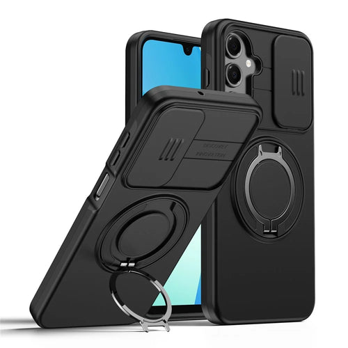 For Samsung Galaxy A26 5G Case Magnetic Case Ring Kickstand Slide Camera Cover TPU PC Hybrid Phone Shell - Black - 1