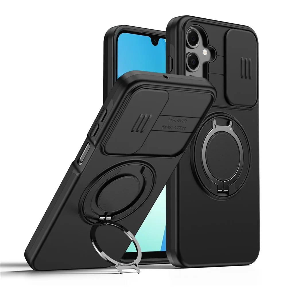 For Samsung Galaxy A26 5G Case Magnetic Case Ring Kickstand Slide Camera Cover TPU PC Hybrid Phone Shell - Black - 1