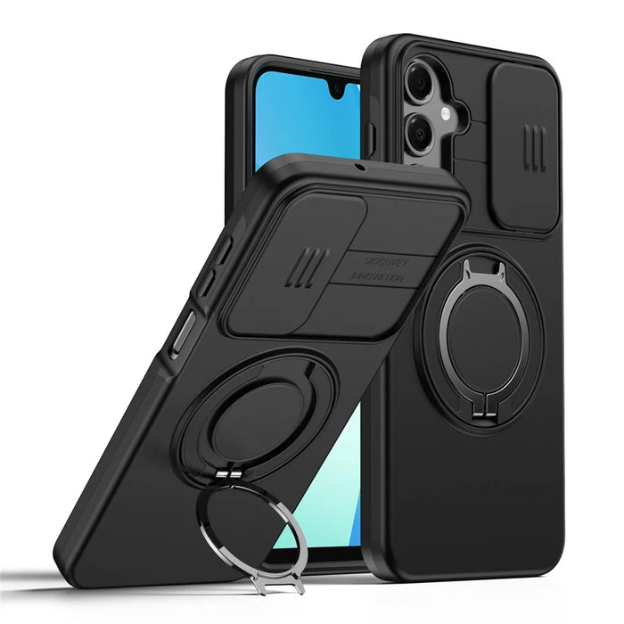 For Samsung Galaxy A26 5G Case Magnetic Case Ring Kickstand Slide Camera Cover TPU PC Hybrid Phone Shell - Black - 1