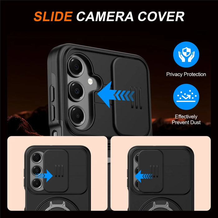 For Samsung Galaxy A26 5G Case Magnetic Case Ring Kickstand Slide Camera Cover TPU PC Hybrid Phone Shell - Black - 6