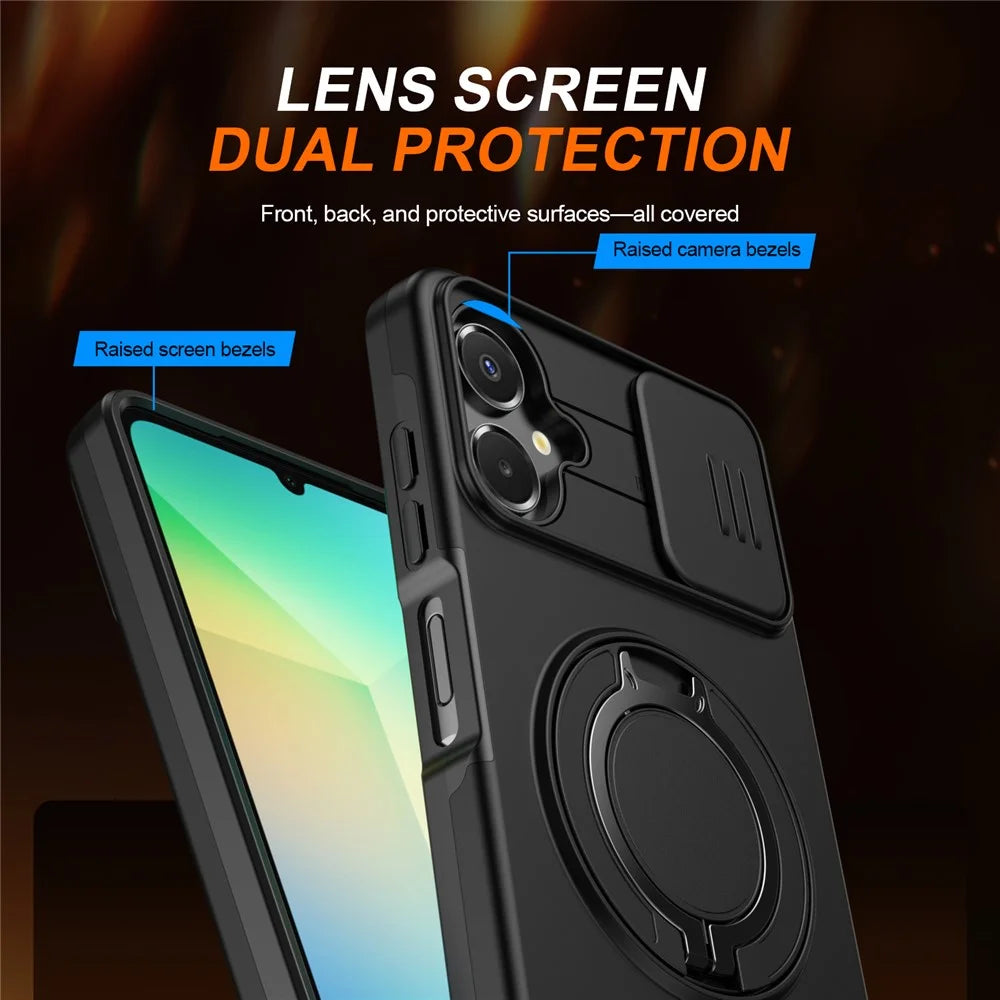 For Samsung Galaxy A08 5G / A08 4G / A07 5G / A07 4G Case Magnetic Case Ring Kickstand Slide Camera Cover TPU PC Hybrid Phone Shell - Black - 5