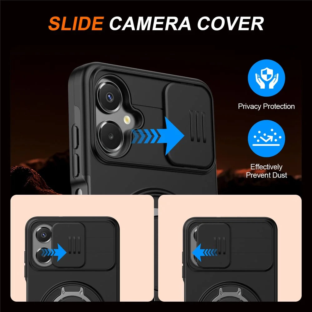 For Samsung Galaxy A08 5G / A08 4G / A07 5G / A07 4G Case Magnetic Case Ring Kickstand Slide Camera Cover TPU PC Hybrid Phone Shell - Black - 6