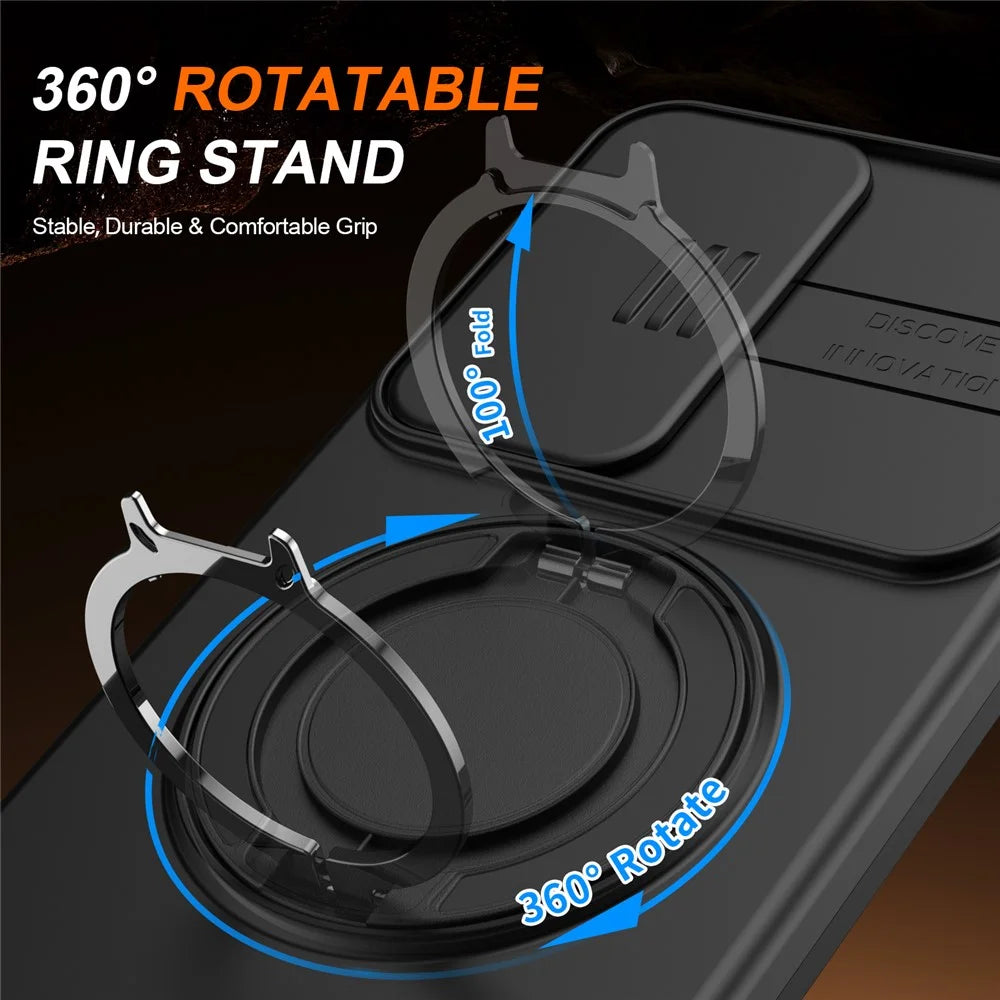 For Samsung Galaxy A36 5G Case Magnetic Case Ring Kickstand Slide Camera Cover TPU PC Hybrid Phone Shell - Black - 3