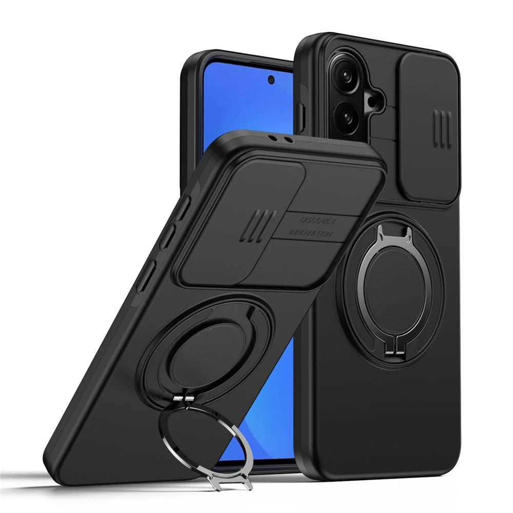 For Samsung Galaxy A37 5G Case Magnetic Case Ring Kickstand Slide Camera Cover TPU PC Hybrid Phone Shell - Black - 1