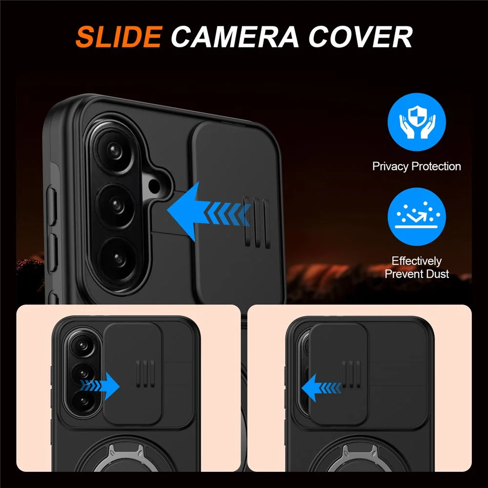 For Samsung Galaxy A57 5G Case Magnetic Case Ring Kickstand Slide Camera Cover TPU PC Hybrid Phone Shell - Black - 6